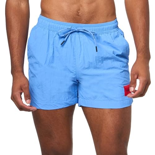 Image of HUGO Men's Dominica Patch Logo Quick Dry Swim Trunks, Granada Sky Blue, Large