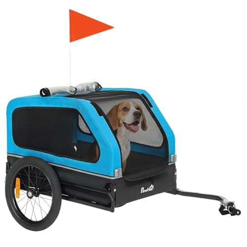 Image of PawHut Dog Bike Trailer Support Up to 20 kg, Dog Bicycle Carrier, Easy Store Cart with Quick Release Frame, Flip-Down Ramp Tailgate, Universal Bicycle Coupler, Reflectors, Flag, Blue