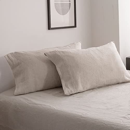 Image of Simple&Opulence 100% Linen Pillow Cases 2 Pack, Luxury Hypoallergenic Breathable Pillow Cover with Envelope Closure, Standard Size Pillowcases with Embroidery, 50 x 75 cm,Natural Linen,Beige