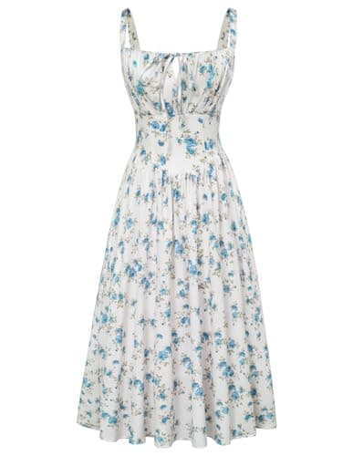 Image of SCARLET DARKNESS Women Summer Dresses Casual Floral Beach Sundress A-Line Sleeveless Spaghetti Strap Victorian Milkmaid Corset Dress Blue M