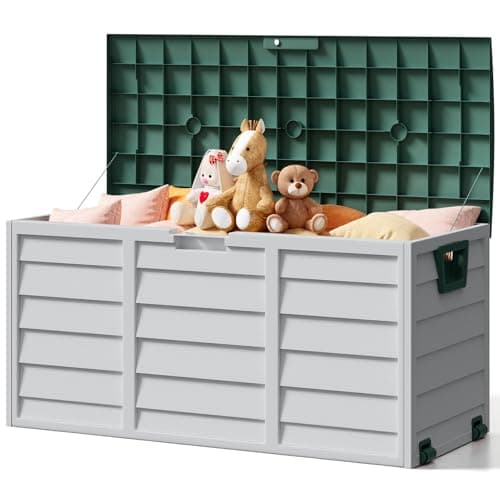 Image of The Fellie Garden Storage Box with Wheels, 290L Lockable Garden Storage Boxes Waterproof, Plastic Outside Storage Box for Gardening Tools, Cushions, Toys, 112x49x54cm, Dark Green+Grey