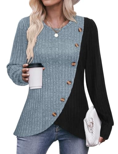 Image of Flikity Blouses for Women UK, Crew Neck Womens Jumpers Ladies Long Sleeve Tops Elegant Ribbed Tunic Clothes Going Out Tops Pullover Sweater XXL Blue