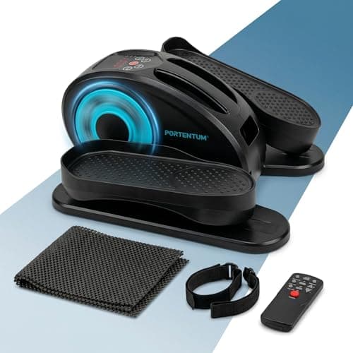 Image of PORTENTUM Mini under desk elliptical with mat and straps – New 2026 more compact – Pedal exerciser for seniors automatic and manual 12 speeds – Lightweight trainer with quiet motor