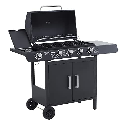 Image of Outsunny 4+1 Burner Gas BBQ Grill, Outdoor Barbecue Trolley with Wheels, Warming Rack, Side Shelves, Cabinet, Thermometer for Garden, Party, Camping, 125L x 51W x 100Hcm, Black