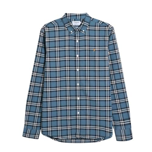 Image of Farah Men's Brewer Check Organic Cotton Long Sleeve Shirt, L, Blue Tide