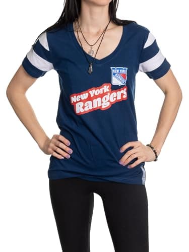 Image of Calhoun NHL Womens Retro Varsity Short Sleeve Cotton V-Neck T-Shirt, New York Rangers, L