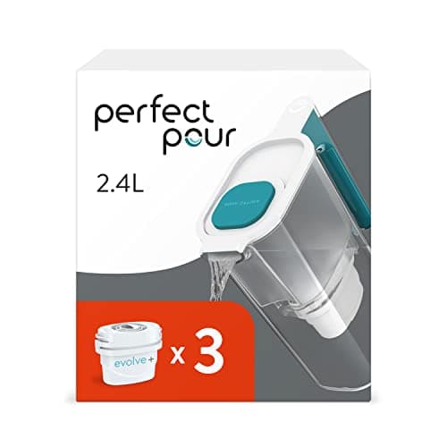 Image of Aqua Optima Perfect Pour Water Filter Jug & 3 Evolve+ Filter Cartridge, 2.4L, Blue - Fridge & Dishwasher Friendly - Reduces Limescale, Chlorine and Other Impurities - By Laica (Packaging May Vary)