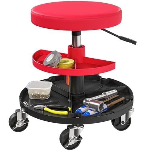 Image of HOMCOM Rolling Mechanic Stool, 135kg Capacity Workshop Stool, 360° Swivel Roller Padded Creeper Seat with Wheels, Tool Trays Storage for Garage, Shop, Auto Repair, Red