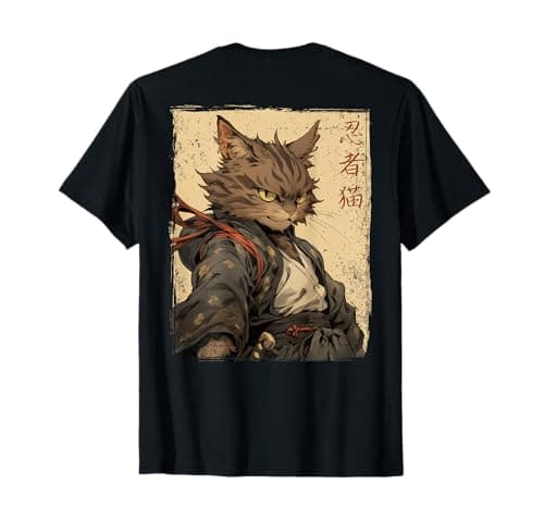 Image of Vintage Japanese Scenery Samurai Cat Kanji (ART BACK) T-Shirt