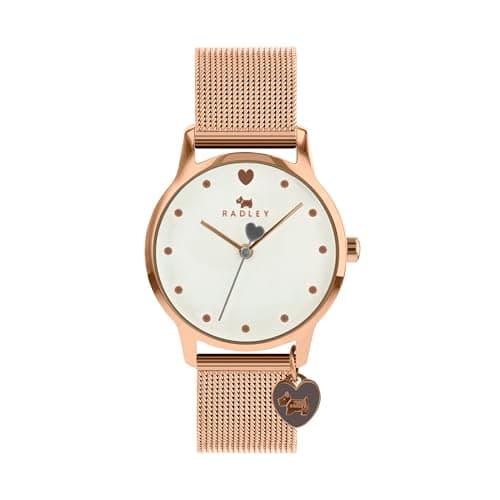 Image of RADLEY Heart Dial Ladies Rose Gold Stainless Steel Mesh Strap Heart Charm Watch RY4368S