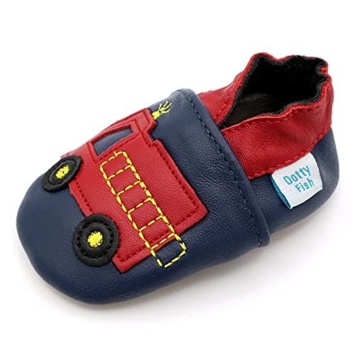Image of Dotty Fish Soft Sole Leather Baby & Toddler Shoes – Barefoot, Non-Slip, Lightweight & Flexible, Elasticated Ankles - Unisex Boys & Girls, Podiatry Approved – Fire Engine 18-24 Months