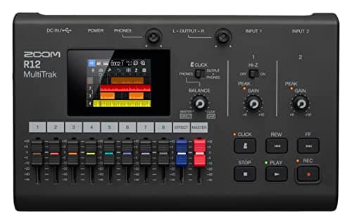 Image of ZOOM R12 MultiTrak mobile 8-track recorder and compact creative recording studio for musicians, record, cut, edit, loop, copy, integrate effects and produce via touchscreen
