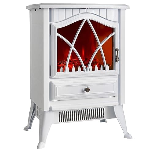 Image of VonHaus Electric Stove Heater 1800W – Indoor Log/Wood Burner/Burning Effect, Free Standing Fire, Portable Fireplace, LED Flame, 2 Heat Settings, Adjustable Thermostat, White – H52 x W38 x D26cm
