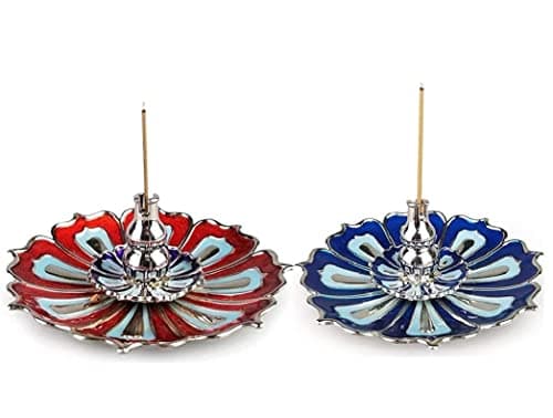 Image of 2Pcs Incense Burner Plate, Lotus/Cherry Blossom Incense Holders with Bracket for Home Decor, Yoga 3.5'' (Red + Blue)