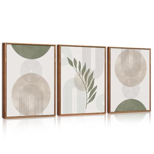 Image of HPNIUB Framed Boho Abstract Wall Art Set Green Leaves and Moon Phase Wall Decor Mid Century Modern Minimalist Geometric Artwork for Living Room Bedroom Neutral Rustic Canvas Prints 30×40cm