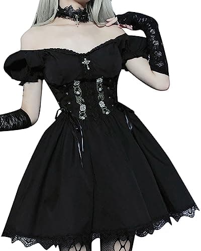 Image of DINGJIUYAN Women Off Shoulder Mesh Short Dress Adjustable Lace Up Long Puff Sleeve Swing Dress