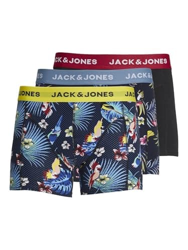 Image of JACK & JONES Men's Jacflower Bird Trunks 3 Pack Noos Boxer Shorts, Surf the Web/Detail:black - Black, L