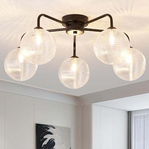 Image of HARPER LIVING 5-Light Modern Ceiling Light, Chandeliers Matt Black Finish with Textured Glass Shades, 5xG9 Bulb Base, 56cm Flush Ceiling Lamps for Living Room Bedroom Kitchen Dining Room