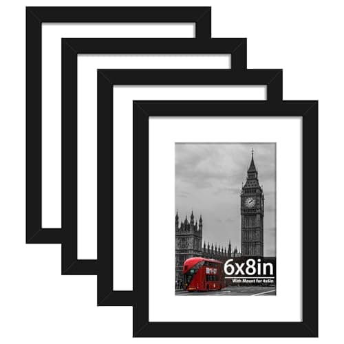 Image of Tinkeps 4 Pack 8x6 Black Picture Frame, Engineered Wood and Plexiglass, 8x6 Photo Frames for 4x6 inch Prints, Photos, and Posters, Tabletop and Wall Mountable