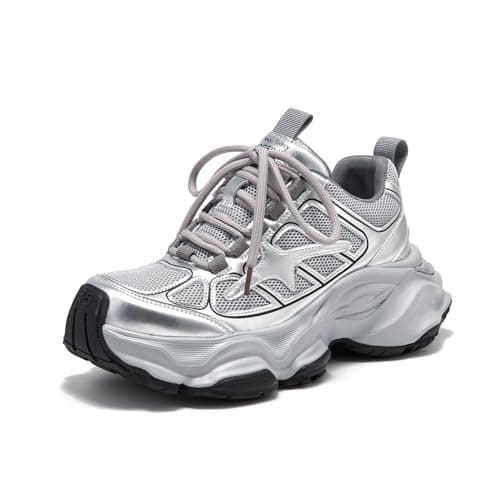 Image of BEAU TODAY Womens Chunky Sneakers,Fashion Sneakers for Women,Lace-up Air Mesh Chunky Walking Tennis Shoes Treny Dad Sneakers, Sliver, 5.5