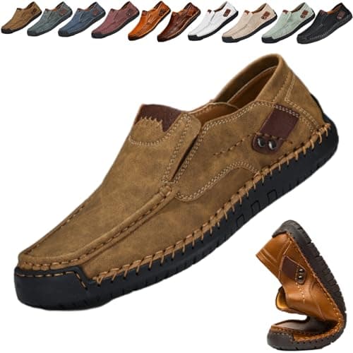Image of Mens Leather Loafers Slip On Moccasins Casual Business Shoes, Men Loafers Lightweight Breathable Handmade Slip-on Flat Driving Shoes (Khaki,12)