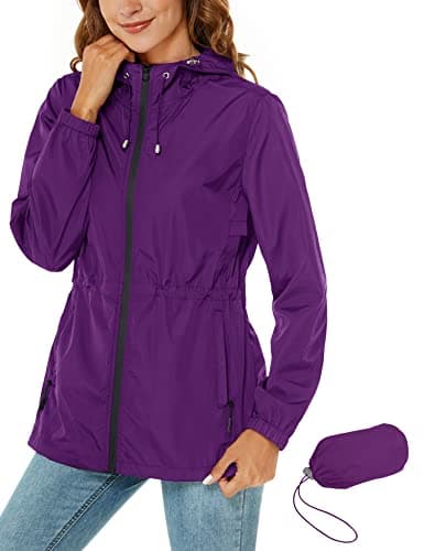 Image of Rapbin Waterproof Raincoat Women Lightweight Rain Jacket Quick Dry Packable Hooded Rain Coats with Pockets for Travel Hiking Purple XL
