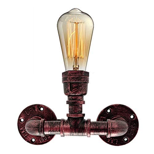 Image of LEDSone Industrial Steampunk Water Pipe Wall Light E27 Vintage Metal Wall Sconce Rustic Red T Shape Retro Lamp for Bedroom Living Room Bar Café Loft