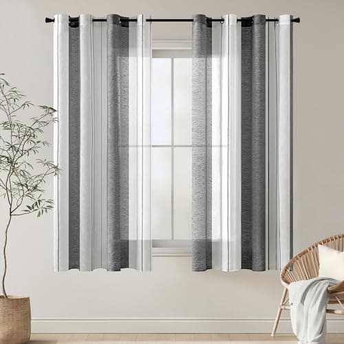 Image of EMEMA Eyelet Sheer Striped Curtains Voile Curtains Living Room Modern Set of 2 Curtains Bedroom Transparent Pattern Striped Curtain Semi Sheer 55x63 Inch White Grey