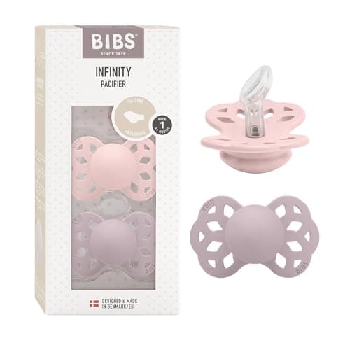 Image of BIBS Infinity Anatomical Soother 2-Pack, BPA Free, Orthodontic Silicone Nipple, Orthodontic Nipple. Silicone, Made in Denmark, 0-6 Months (Pack of 2), Blossom/Dusky Lilac