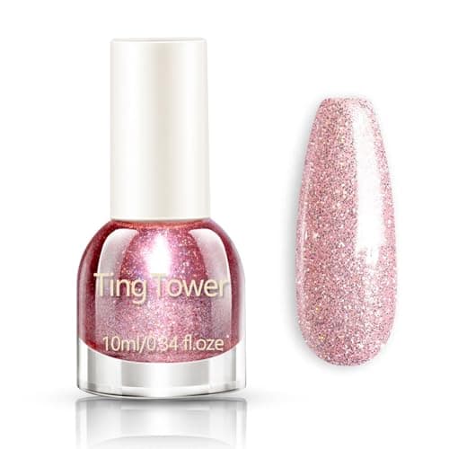 Image of Glitter Nail Polish - Shimmering Sparkly Pink Nail Varnish - Quick Dry Bright Pink Nail Polish - High Glossy Long Lasting Nail Art No Need UV DIY Nail Art
