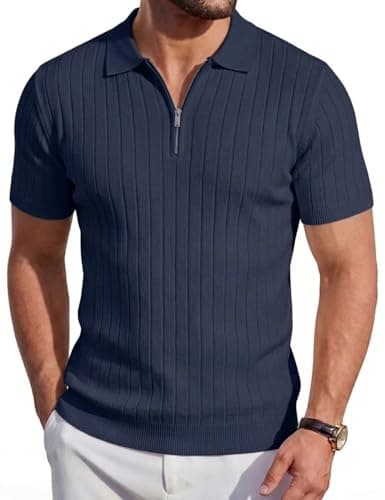 Image of Focixfor Men's Polo Shirts Zip Knitted Short Sleeve Stretch Vertical Striped Golf Casual Tshirt Navy Blue XL