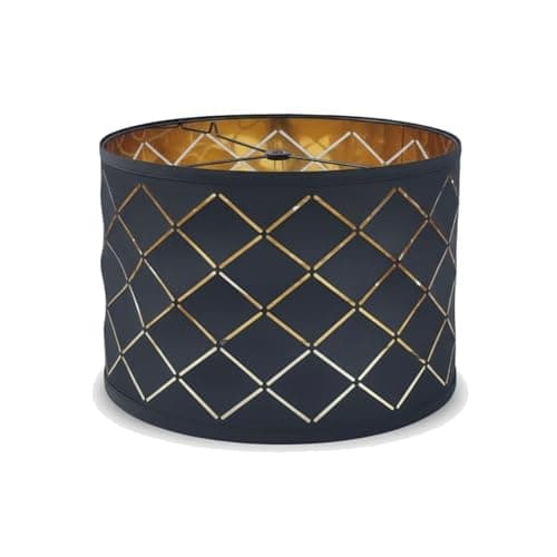 Image of Perclyzm Lamp Shade, Black Light Shade, Modern Drum Lampshade, Black Fabric with Gold Reflective Film, Argyle Cut-Out Design, Fits E27 & E14, for Ceiling/Table/Floor Lamps, Bedroom, Living Room