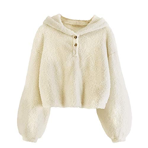 Image of Kids Girl's Fuzzy Teddy Hoodies Long Sleeve Cropped Sweatshirts Solid Color Warm Loose Button Down Hooded PulloverSherpa Fleece Jacket Top Fall Winter Clothes (Beige, 10-12 Years)