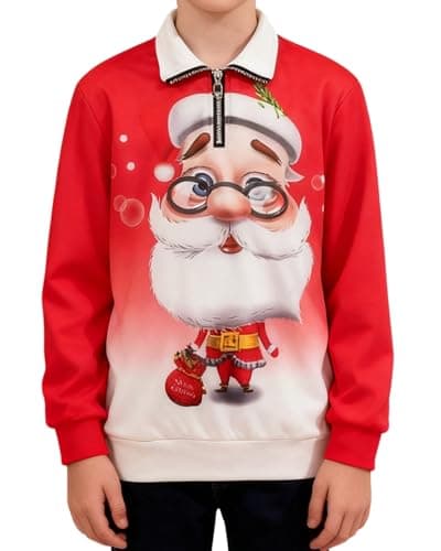 Image of Momkonzz Boys Ugly Christmas Sweatshirt for Kids Funny Xmas Graphic Jumper Santa Printed Teen Stand Collar Zip Pullover (Red 7-8T)