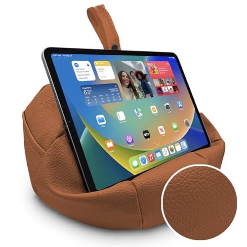Image of NEWMANS Tan Faux Leather Beanbag for Tablet/iPad/Laptops - Holds securely at any angle on any surface - Handy side pockets