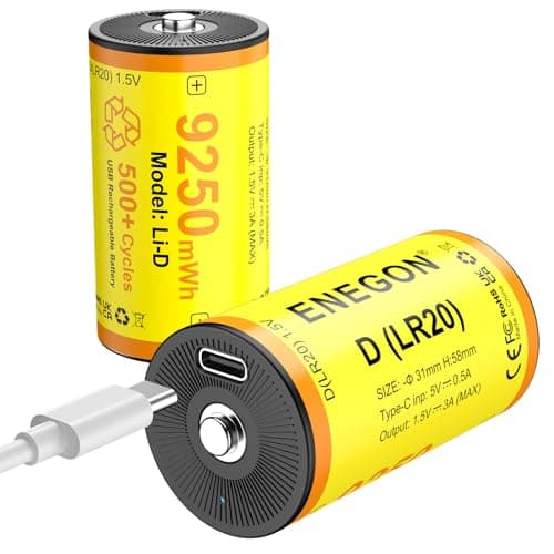 Image of ENEGON 2 Pack D Batteries 12580mWh Rechargeable Lithium-ion D, 1.5V LR20 Battery with USB-C Cable for Floodlights, Camping Lights, Radios, Security light, Touch-sensitive LED Display.