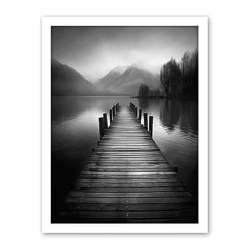 Image of Artery8 Lake Pier Mountain Landscape Black and White Photo Artwork Framed Wall Art Print 18X24 Inch