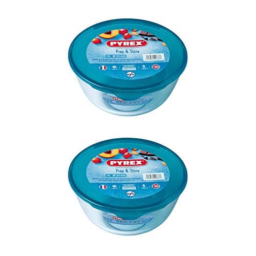 Image of Pyrex Microwave Safe Classic Round Glass Dish Plastic Lid 2.0 Litre Blue (Pack of 2)