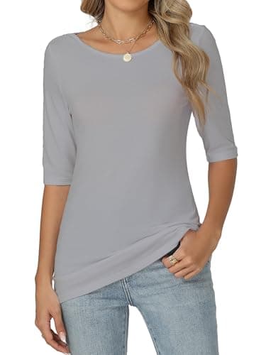 Image of Famrrifuu Womens Half Sleeve T-Shirts Boat Neck Cotton Tops Slim Fit Stretchy Elbow Sleeve Elegant Tee Base Layer Soft Tunic for Smart-Casual Wear, Grey, M