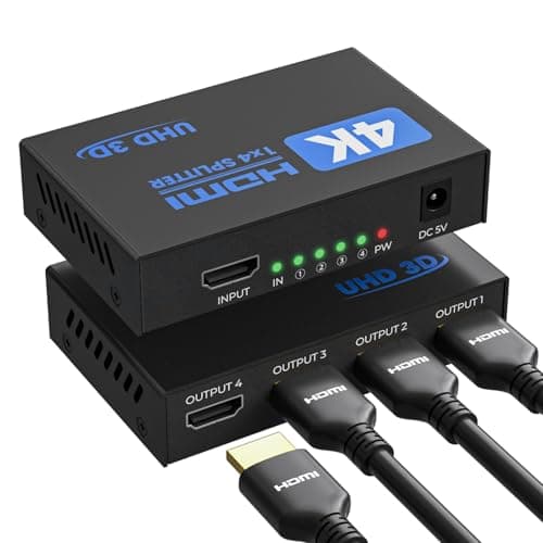 Image of 4K HDMI Splitter 1 in 4 Out with EDID HDCP HDR 3D, 4 Way Distribution for PC, Laptop, HDTV, Projector, 4-Port Splitter Copy 1 Source to 4 Displays at The Same Time