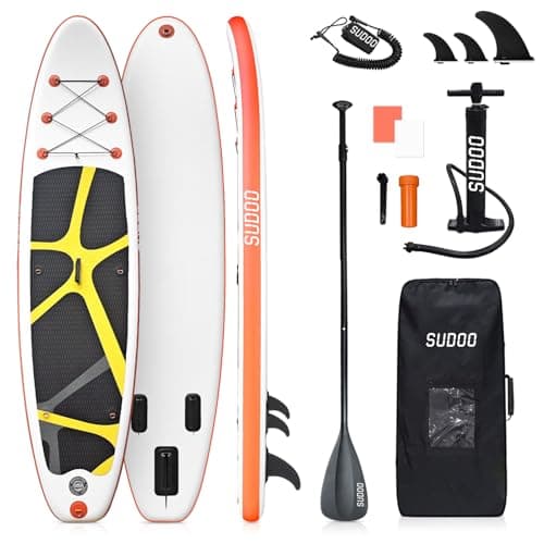 Image of SUDOO 10FT 3M Inflatable Stand Up Paddle Board SUP, Paddle Boards For Adults, Full-EVA Deck, Shoulder Strap, Double-headed Paddle, Lightweight Complete Kit for Beginners Surfing (Orange)