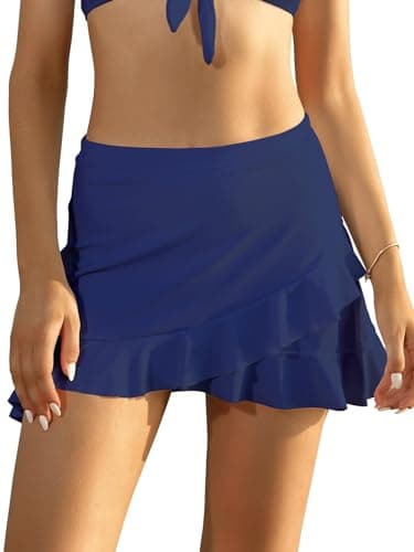 Image of SHEKINI Womens Swim Skirted High Waisted Bikini Bottoms Crossover Front Irregular Ruffle Tummy Control Swimming Skorts Sexy Bathing Suits Bottom Swim Skirt with Briefs Swimsuit, Navy, L