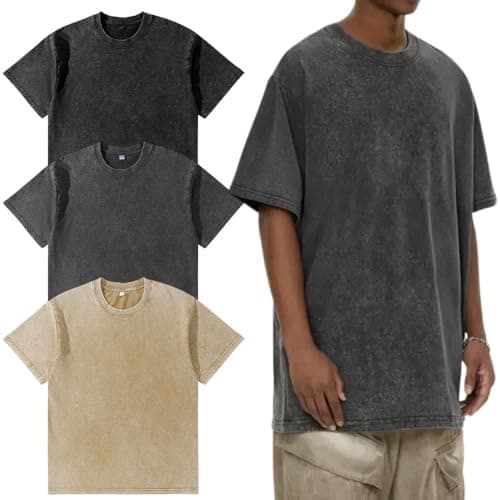 Image of Men’s Oversized T-Shirt,Pack of 3, Men's Basic Cotton T-Shirt Summer,Retro Washed Top, Unisex Fashion, Hip Hop Vintage Casual Tee Shirts Black Gray Khaki L