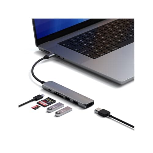 Image of SATECHI 6-in-1 USB-C Hub Slim Plus Multiport Adaptor with HDMI 4K@60Hz, 100W USB-C PD Charging, 2x USB-A Data Ports, microSD/SD Card Readers for MacBook Air & Pro M5 M4 M3, iPad, Windows – Space Grey