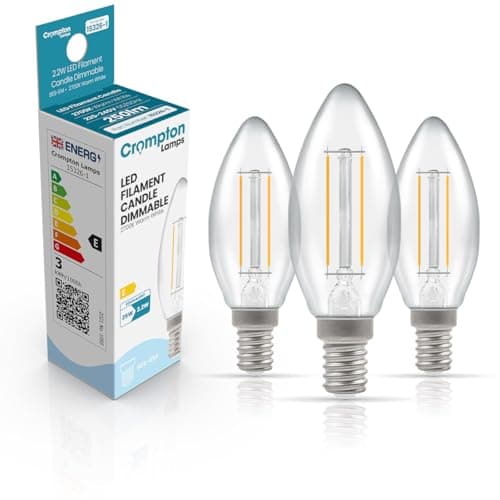 Image of Crompton Lamps Filament Candle LED Light Bulb SES-E14 | 2.2W = 25W Equivalent | Warm White 2700K | Energy Efficient | Small Screw Lightbulb | Long Life 15000-Hrs | Clear Glass | Dimmable | 3-Pack