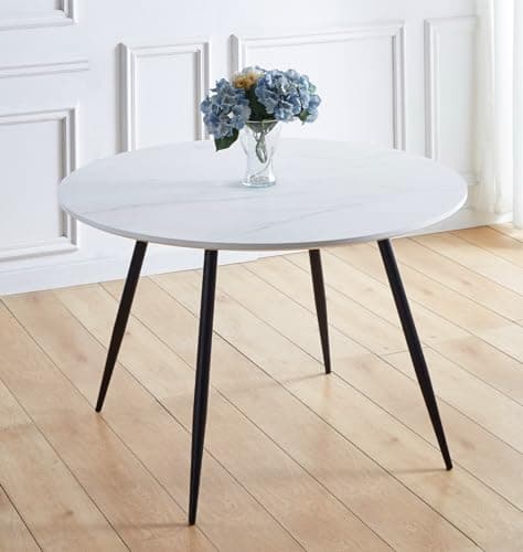 Image of Hallowood Furniture Cullompton Large Marble Effect Top White Dining Table with Black Metal Legs, 4-6 Seater Round Table for Dining Rooms, Kitchens, or Cafés