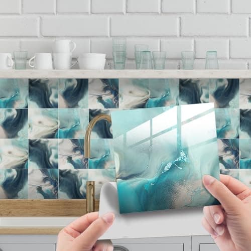 Image of HORIWE Tile Stickers Marble Adhesive Tile Art Wall Decal Sticker DIY Kitchen Bathroom Backsplash Home Decor PVC Waterproof Oil Proof New 8x8 Inches 20pc