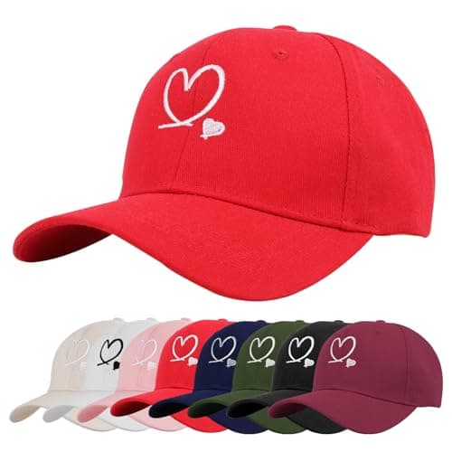 Image of Tiakay Unisex Heart Embroidered Baseball Cap - Adjustable Cotton Breathable UV Protection Summer Sun Hat for Casual Outdoor Travel Sport Wear Sports Cap (Red)