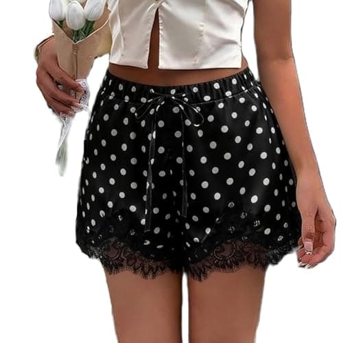 Image of Yoisdtxc Women's Polka Dot Satin Wide Leg Shorts Lace Trim Elastic Waist Shorts for Daily Travel Parties (Black, M)
