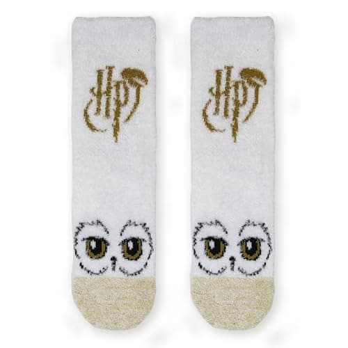 Image of Harry Potter Hedwig Owl Ladies Fluffy Cosy Socks, White, HP Logo Design